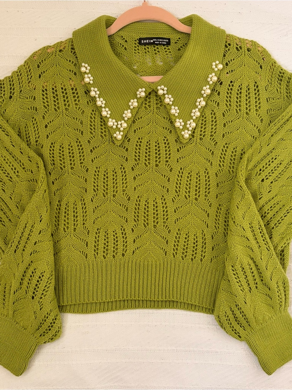 SHEIN Lime Green Pearl-Collar Open-Knit Sweater